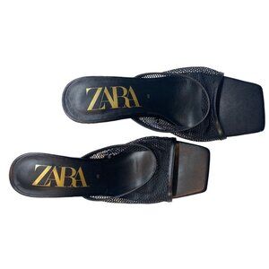 Zara Black Mesh Heeled Mule Sandals Size 40 Worn Once